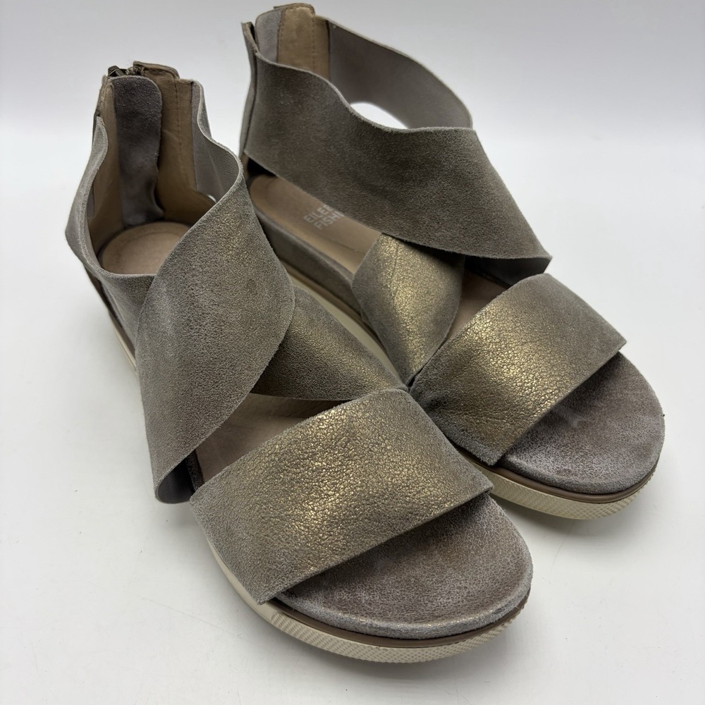 Eileen Fisher Sport Platform Sandals Womens 7 Leather Metallic Crisscross Strap